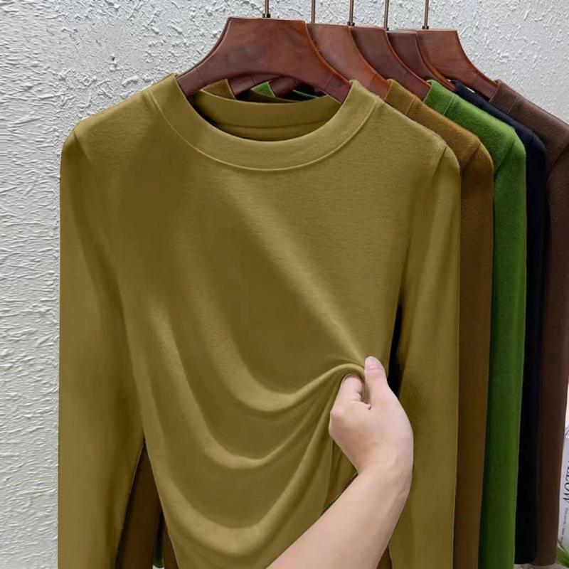 Women's 2024 Slim Fit Long-Sleeve Round Neck T-Shirt - Versatile Western Style Top for Spring and Autumn, Large Sizes Available