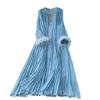 Elegant Dress Women's Autumn Heavy Diamante Round Neck Loose Fur Patchwork Pleated Long Dresses