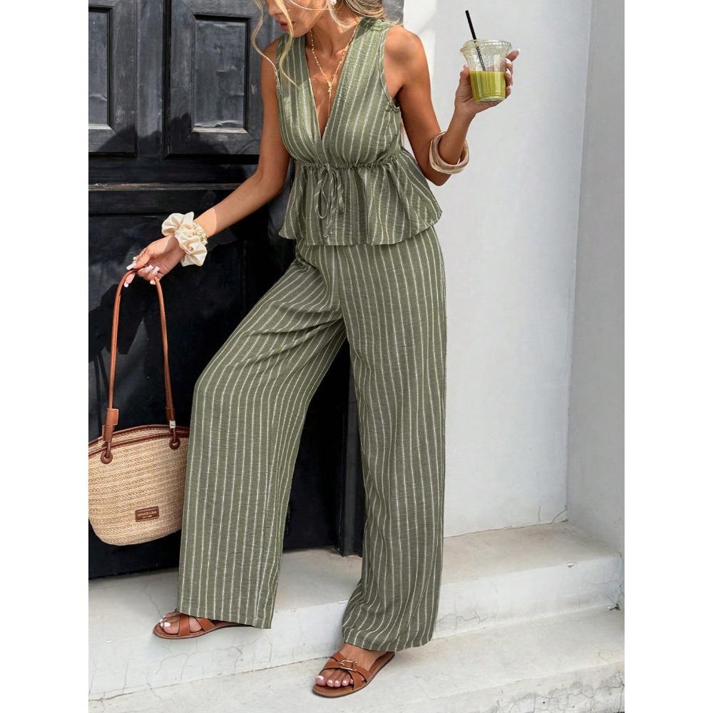 Ensemble 2 pièces élégant : Haut rayé sans manches à encolure en V et Pantalon large taille haute, Tenue décontractée d'été pour les vacances