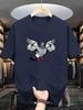 Male Navy Cotton Short Sleeve Tee Muscular Bodybuilder Pigeon Print Oversized Crewneck Workout Street Basic Daily Casual Tees