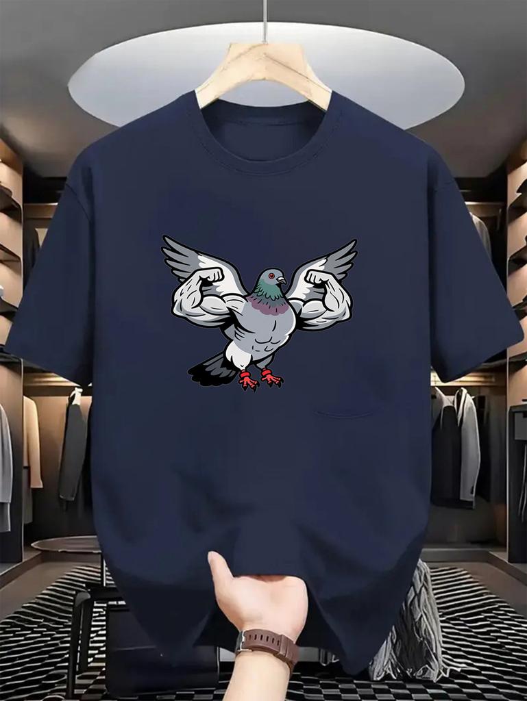 Male Navy Cotton Short Sleeve Tee Muscular Bodybuilder Pigeon Print Oversized Crewneck Workout Street Basic Daily Casual Tees