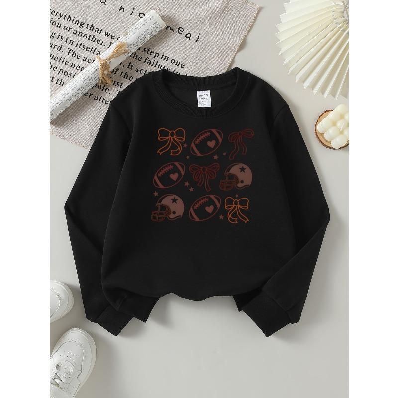 Girls' Long-sleeve Sweatshirt with Round Neck and Printed DesignFootball Helmet Bow Suitable for Spring and Autumn, Fashionable and Casual