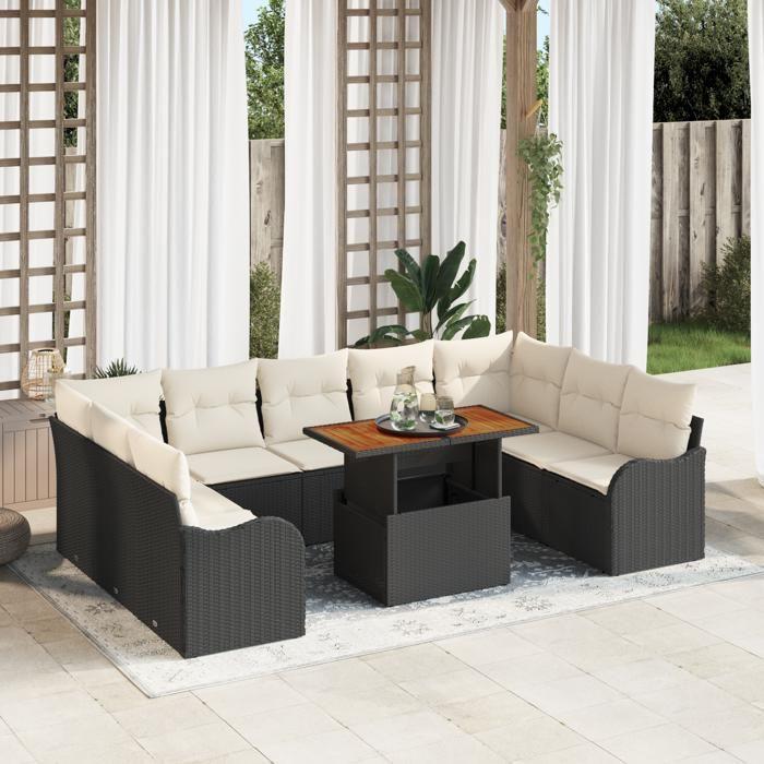 Ensemble de Salon de Jardin de 10 Pièces avec Coussins Noir Poly Rattan Acacia, Sofa de Jardin 2 Places avec Coussins Noir 3349501