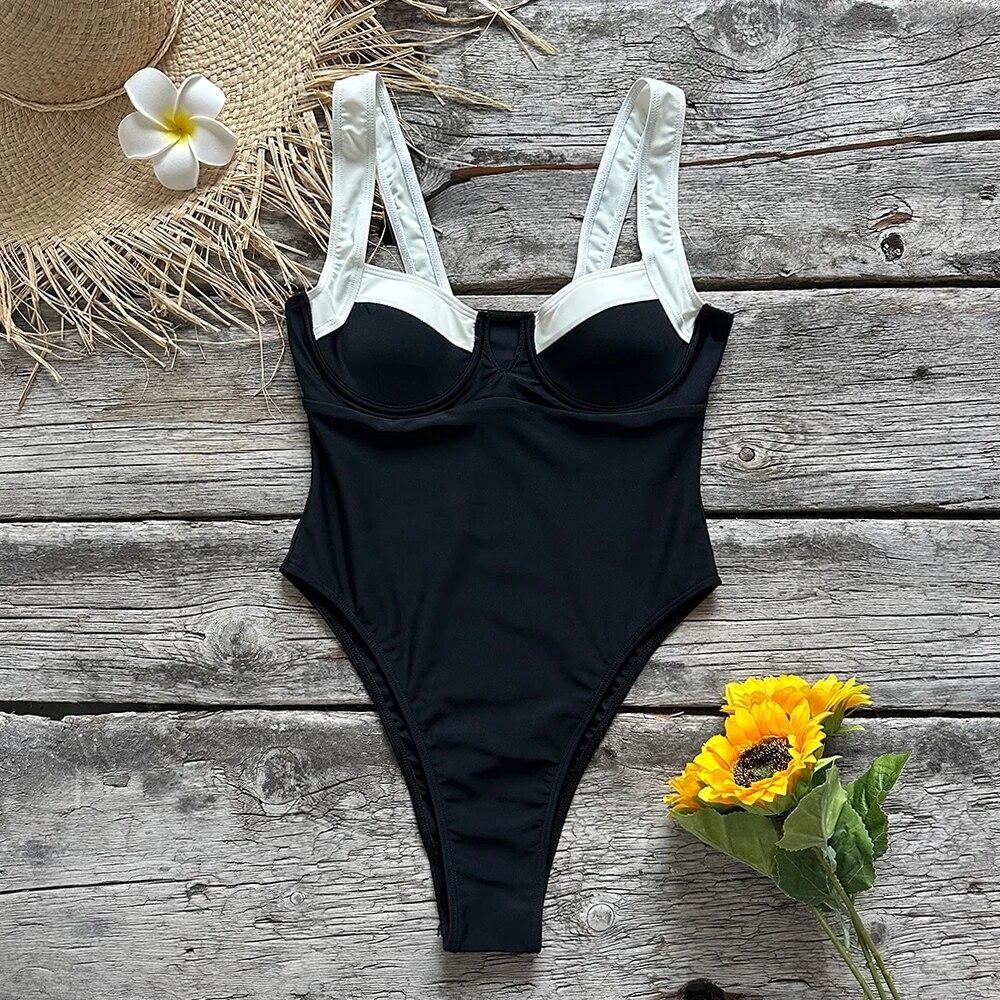 Black White One Piece Swimsuit Sexy Women Solid Swimwear Bathing Suit Beach Party Female Backless Sweet Fashion Design Swimsuit