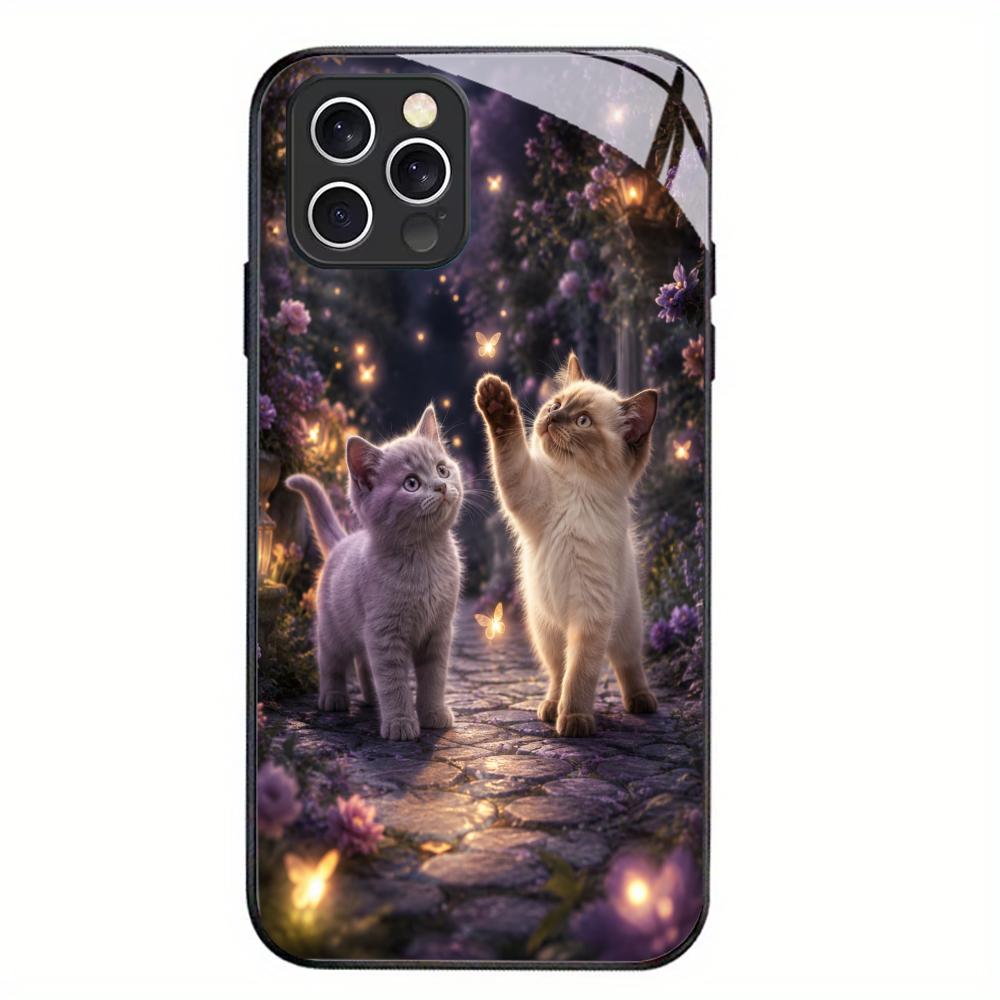 Kitten Tempered Glass Case For iPhone 17 16 Plus 15 Pro 13 14 12 Anti Scratch Raised Camera Lens Protection Cellphone Shell