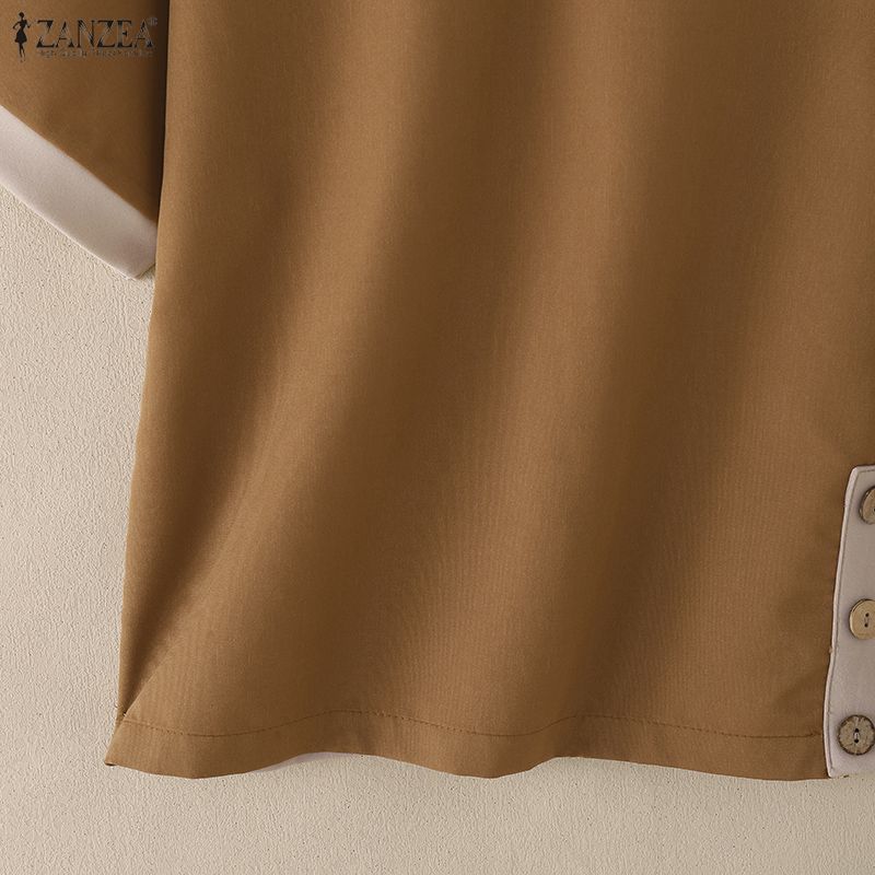 ZANZEA Women Casual Stand Collar Short Sleeve Patchwork Tee Shirts