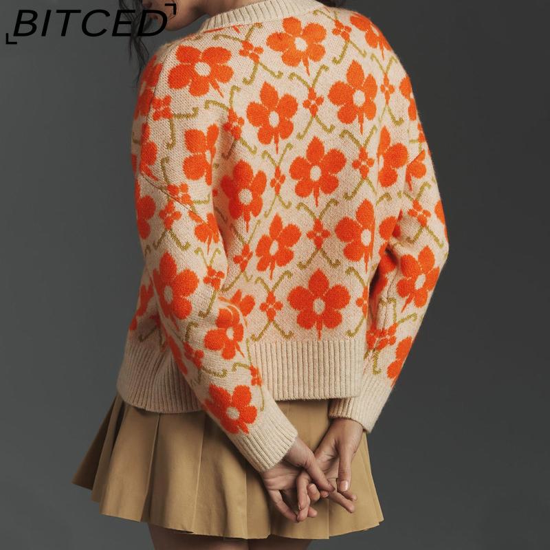 BITCED Floral Jacquard Autumn/Winter Women's Sweater Elegant Button-Front Long-Sleeved Knitted Cardigan