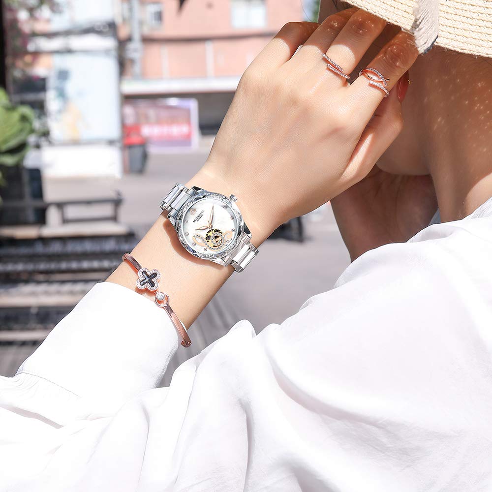 BOLYTE Fashionable Openwork Mechanical Watch Mother of Pearl Ceramic Stainless Steel Diamond Music Ladies Automatic Watch Waterproof Luminous Women's