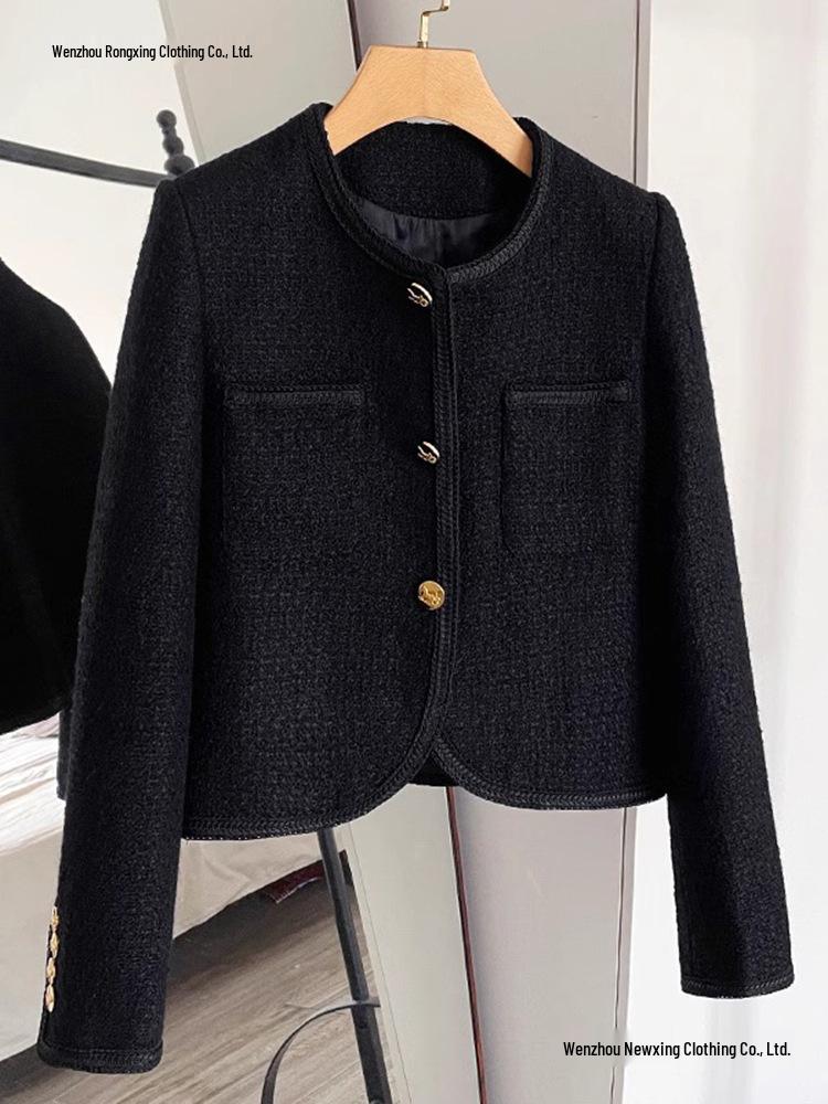 Women's 2025 Autumn/Winter Classic French Wool Tweed Little Black Jacket