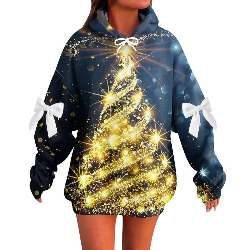 Ladies' Christmas Printed Bow Long Sleeved Loose Fitting Headband With Rope Hooded Sweatshirt Top