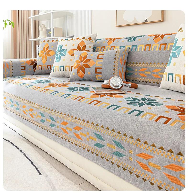 Bohemian Style Chenille Sofa Cushion All-Season Universal Anti Slip Scratch Resistant Pet Friendly 1/2/3/4 Sofa Protective Cover