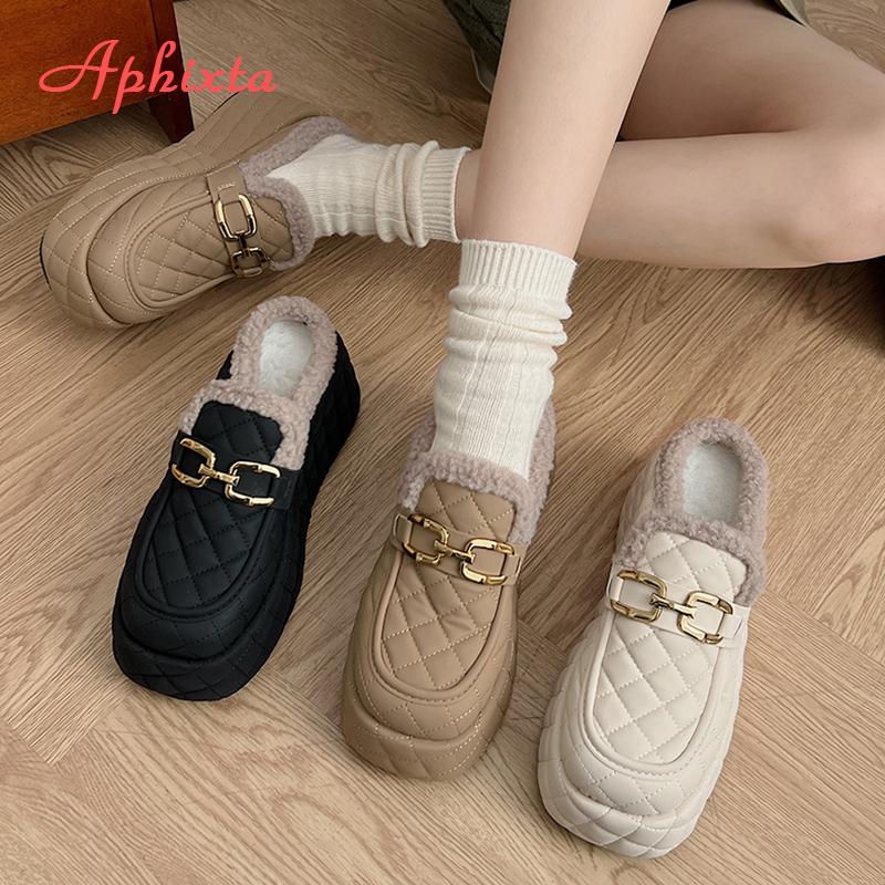 Fashion Aphixta 8cm Platform Metal Buckle Design Slippers Women Wedge Slides Women Shoes Checkered Furry Slides Slip On Winter Shoes