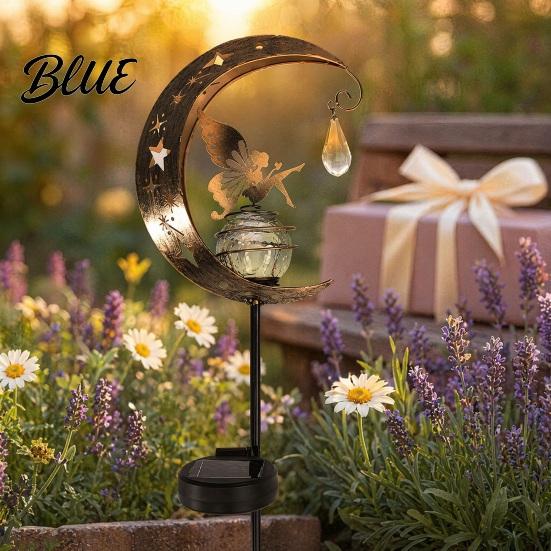 Outdoor Hummingbird Decor Moon Solar Light Metal Crescent with Crackle Glass Ball Garden Landscape Lighting Stake Pathway Light for Yard Patio Lawn