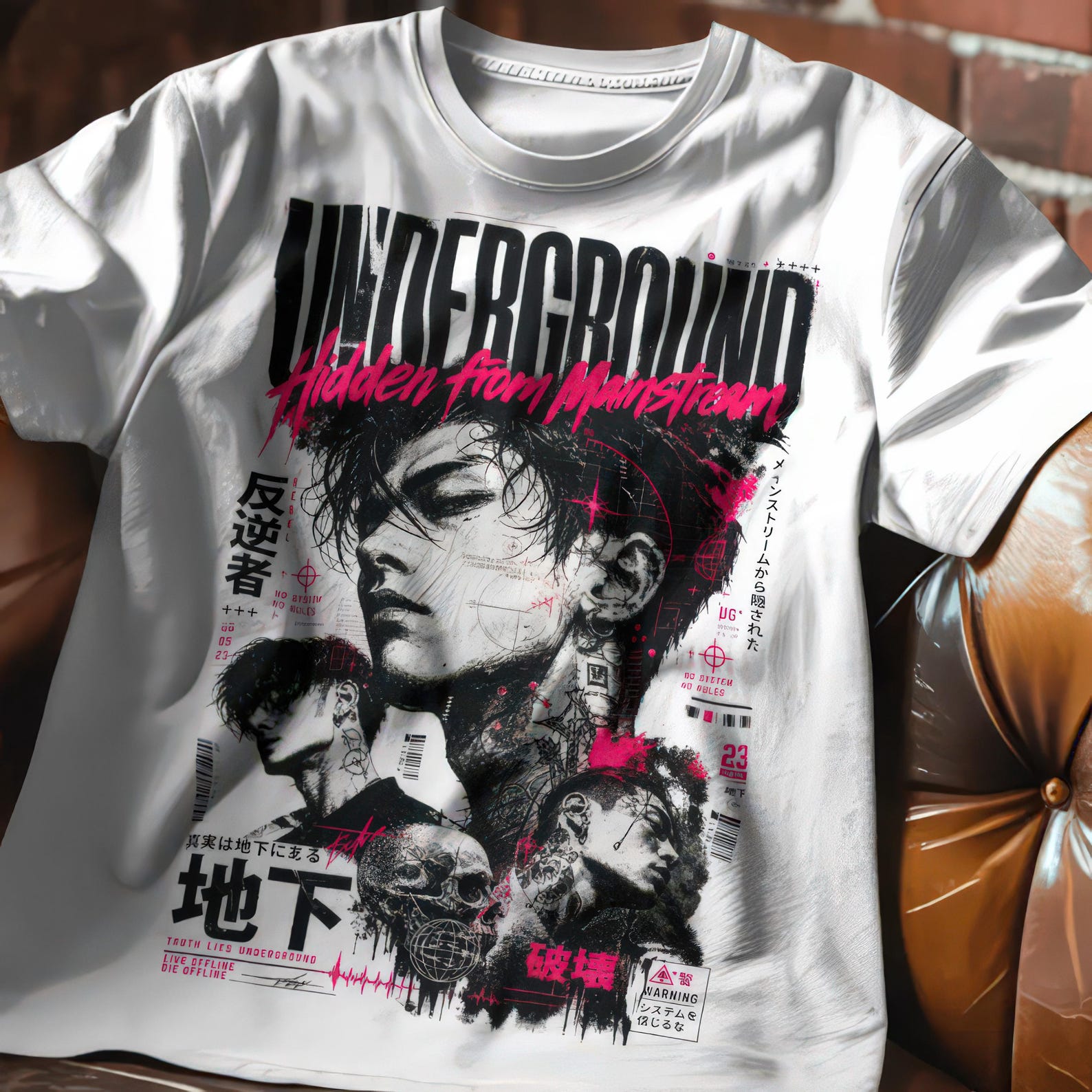 Mens Graphic Tee with dystopian cyberpunk anime style portrait print for techno raves L