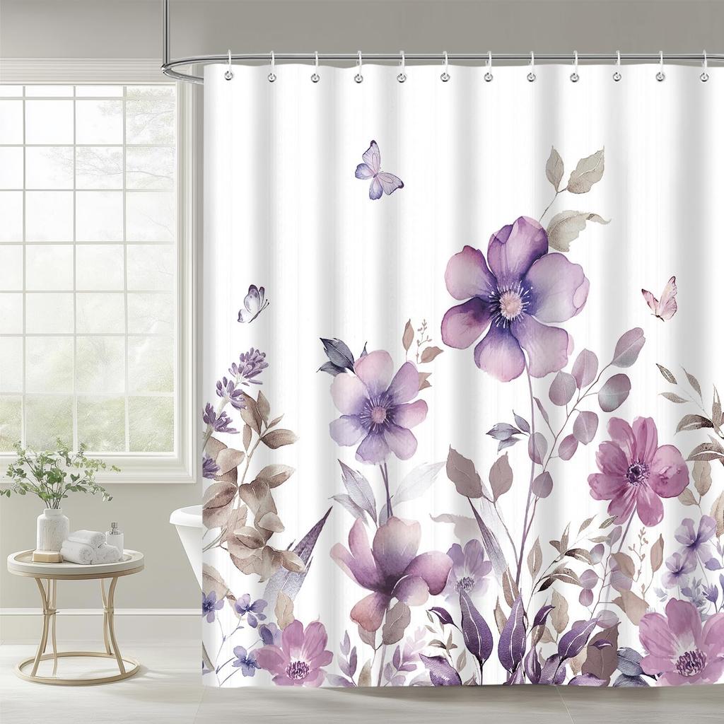 Pink Gray Flowers Shower Curtain, Daisy Floral Simple and Fresh Elegance Plants Cloth Rustic Farmhouse Bathroom Decor Sets,