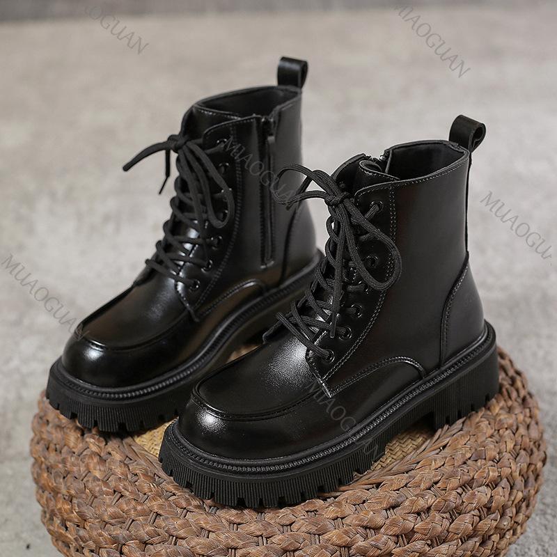 Fashion Short Lace-up Boots Women's New British Style Thick Middle Heels Women Autumn Winter Shoes Platform Black Brown Leather Botines