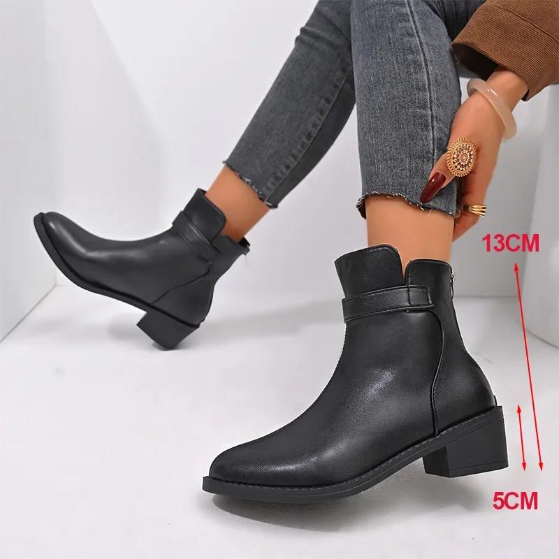 

British Style Black Ankle Boots Plus Size Pu Leather Med Heels Boots Women ZIP Comfort Square Heeled Pointed Toe Short Boots 36