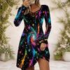 Women Criss Cross V Neck Long Sleeve Multicolor Printed Fitted Curved Hem Dress