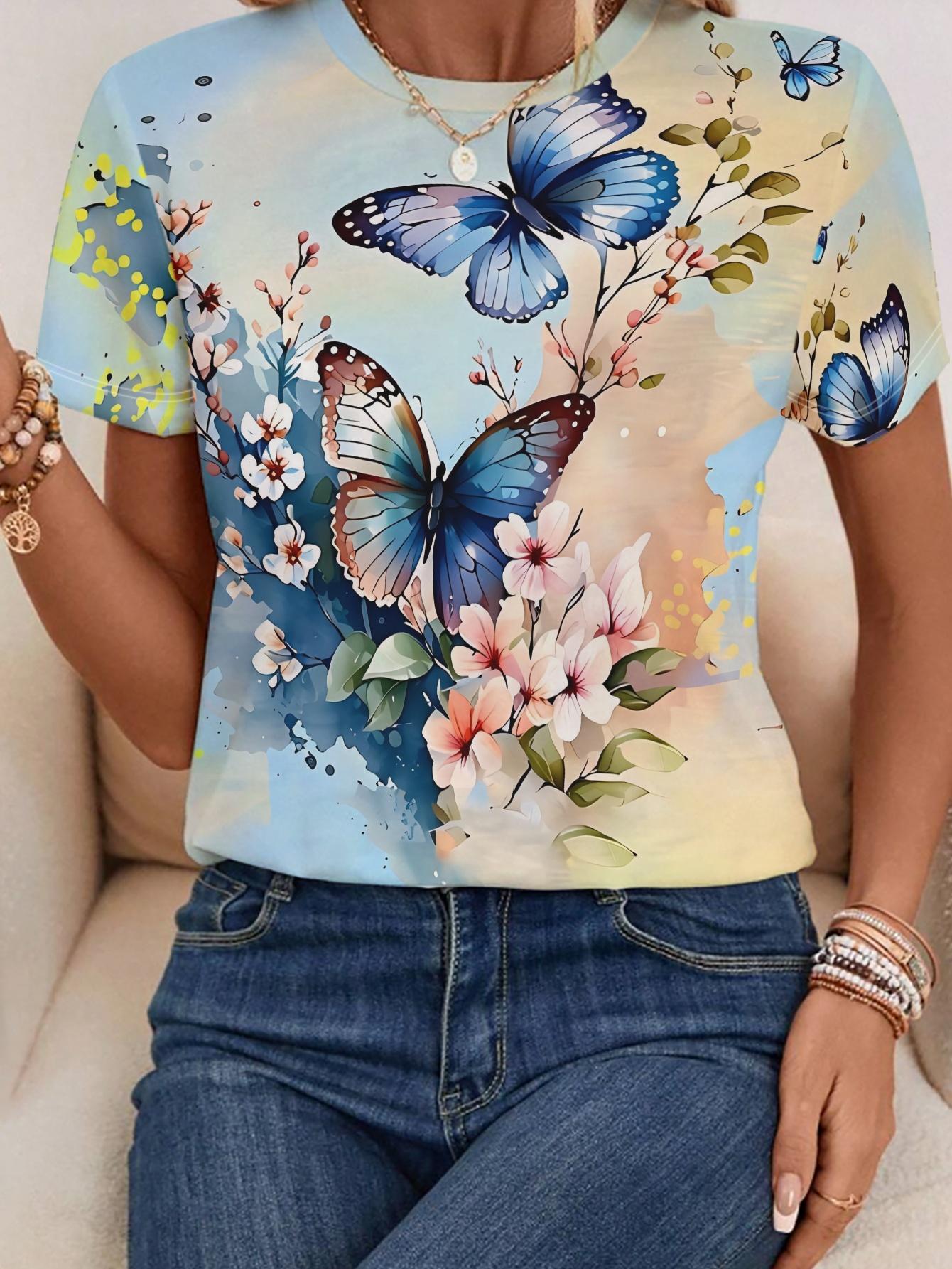 

Women S Stylish Short-Sleeve T-Shirt with Butterfly Floral Print. Made from Fabric. Regular Fit. Perfect for Summer Casual Wear L дубильная кора