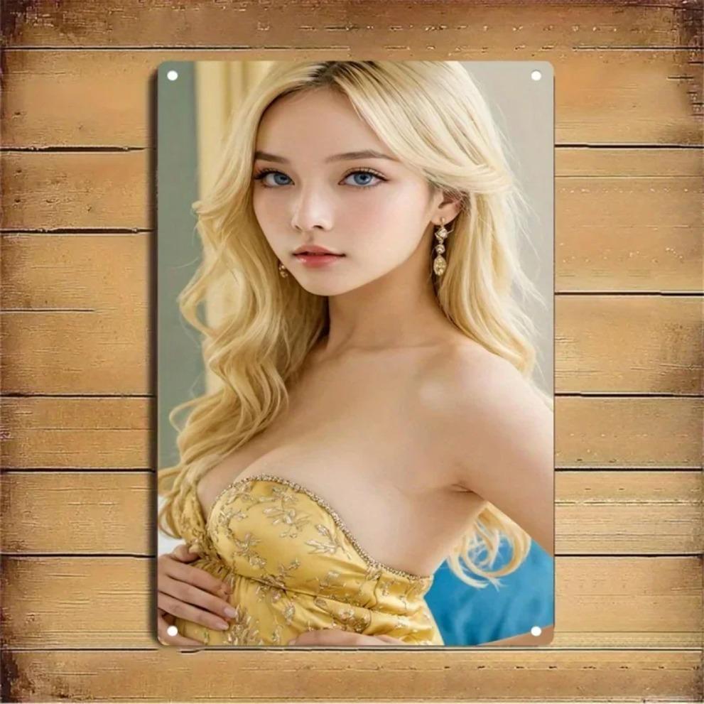 Wall Art Metal Sign: Blonde Woman Portrait In Gold Dress, Framed Home Decor Gift for Bar Cafe
