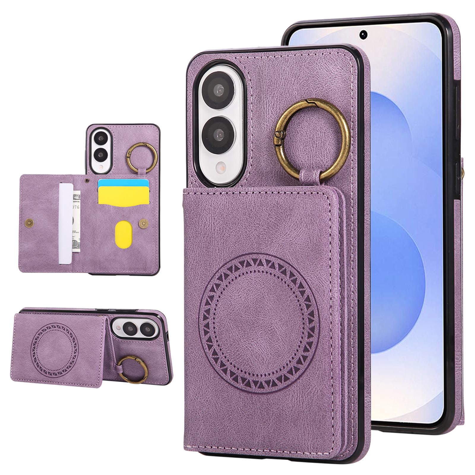 

For Samsung Galaxy S25 Edge Case Card Holder Kickstand Leather+TPU Phone Cover with Ring Holder Purple