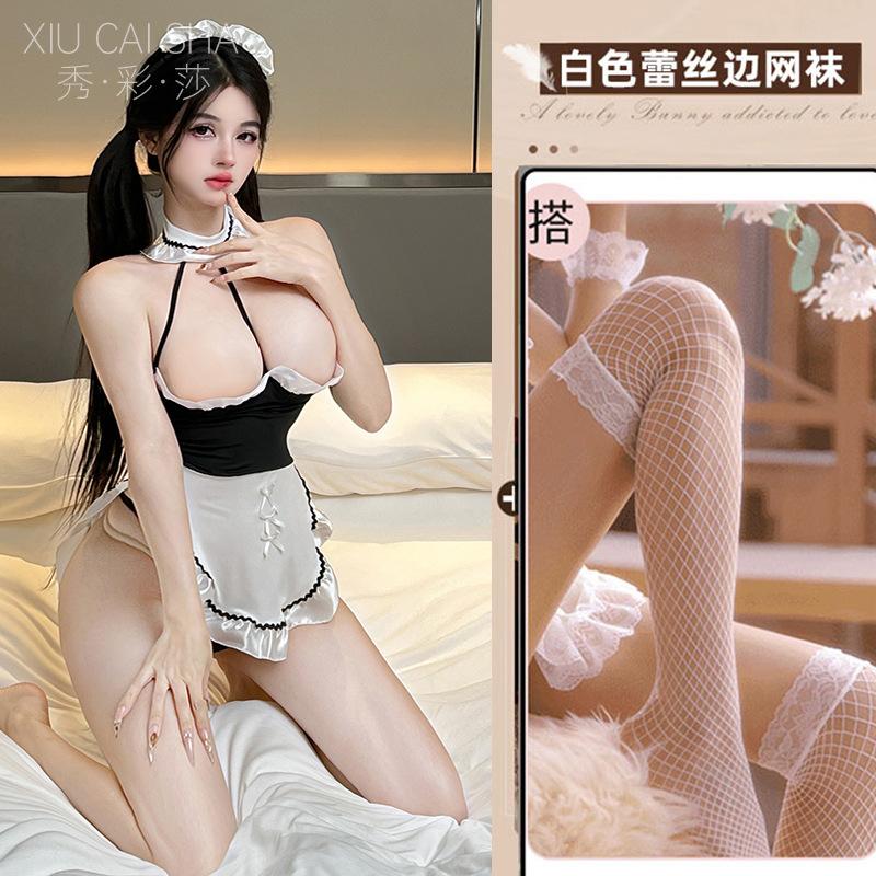 Sexy Lingerie Sexy Hot Neck Maid Large Size Uniform Breast Seduction Suit Spice Maid Robe Pajamas