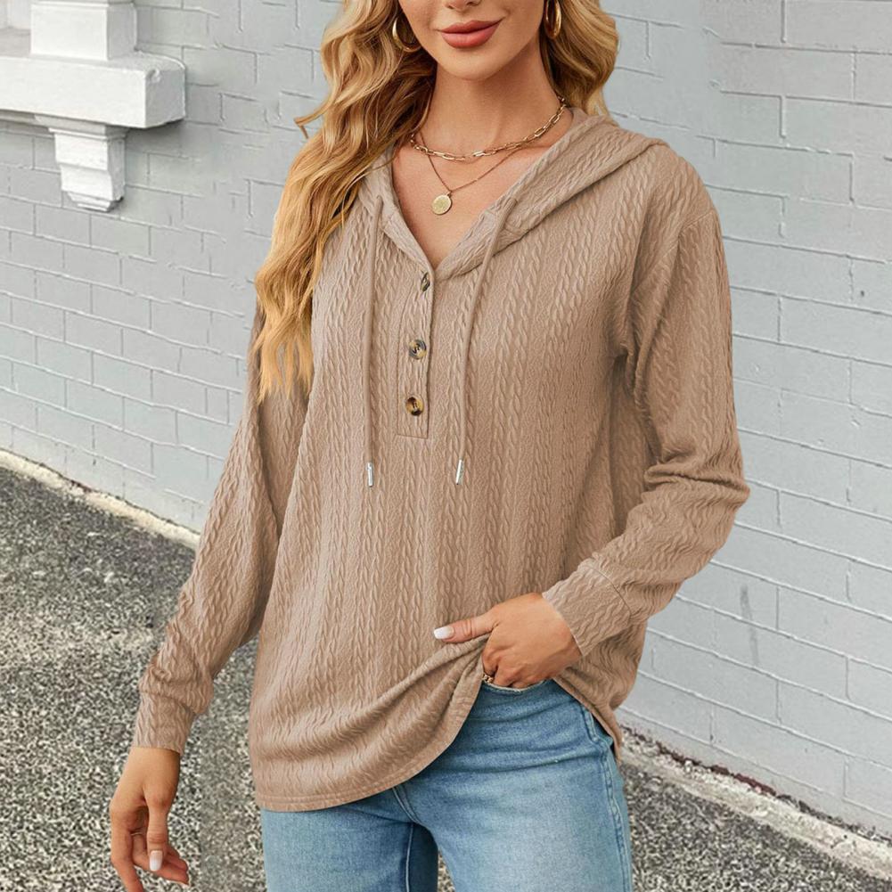 Women Autumn Winter Solid Color Hoodie Drawstring Buttons Neckline Long Sleeve Loose Fit Twist Texture Pullover Sweatshirt