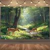 Serene Sunlit Forest Tapestry, Misty Woodland with Two Fawns by a Stream, Daisies and Ferns Under a Soft Glow, Calming Nature Wall Art