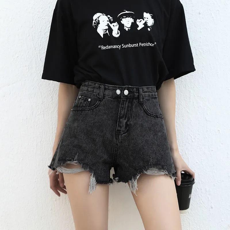 Ripped denim shorts summer new straight loose high and thin high waist wide leg jeans women