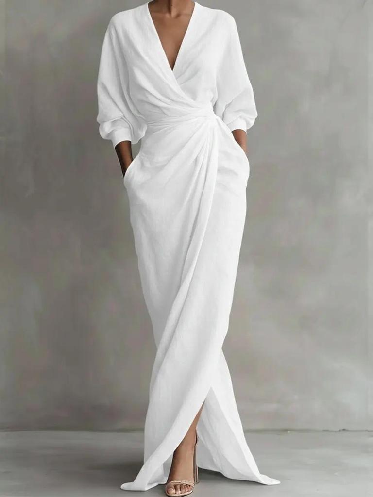 Elegant Solid V-neck Long Sleeve Slit Maxi Dress with Pockets