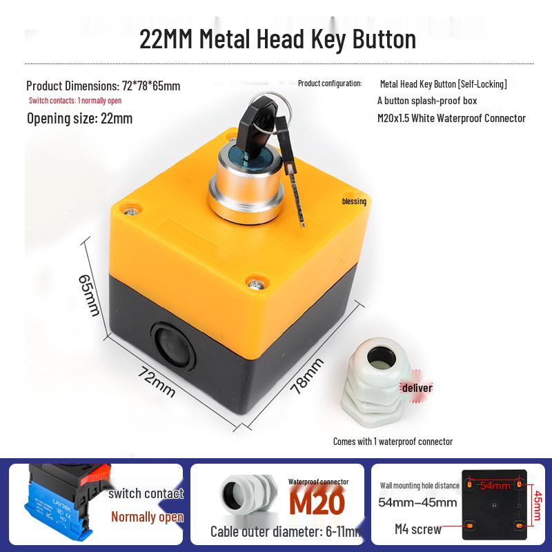 22mm Waterproof 220V Button Switch Combo: Start/Stop/Emergency Stop/Power Indicator Light