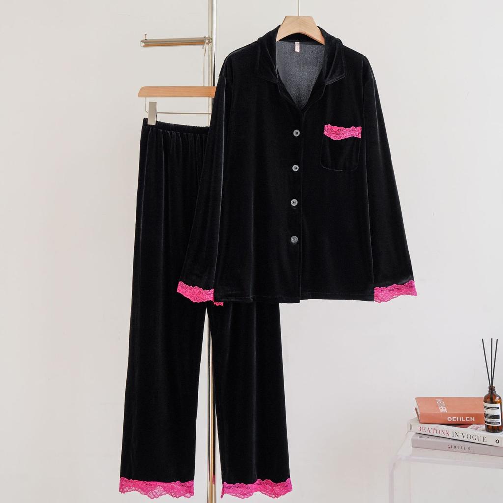Long Sleeved Velvet Cardigan Trousers Pijamas Suit Lace Edges Sweet Lapel Home Wear Sleepwear Autumn Winter Lingerie Loungewear
