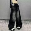 Women Gradient Washed Rivet Decor Wide Leg Denim Pants High Waist Baggy Jeans