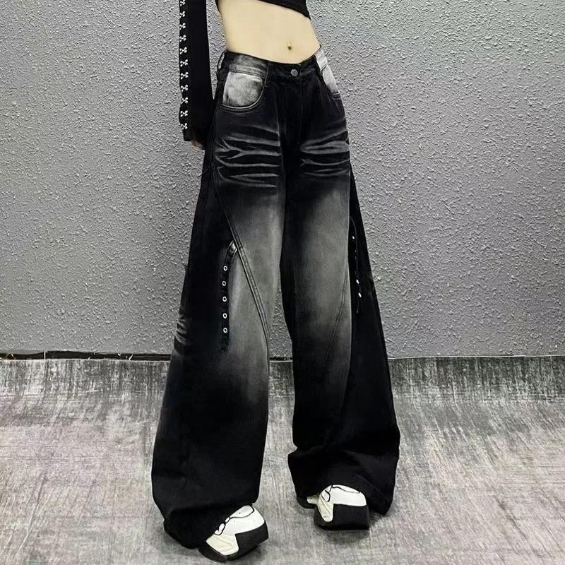 Women Gradient Washed Rivet Decor Wide Leg Denim Pants High Waist Baggy Jeans