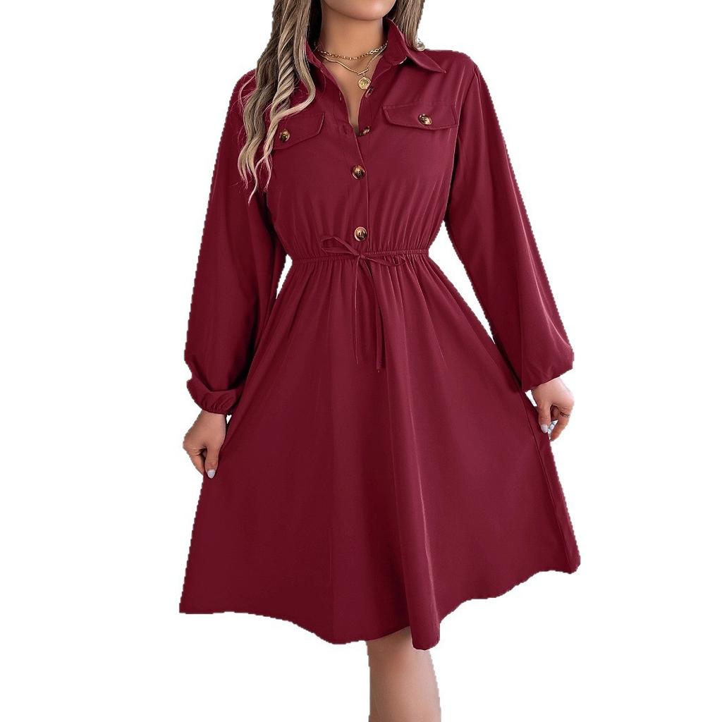 HNXC Autumn and Winter Casual Button-tied, Waist-cinching Long-sleeved Shirt Dress for Women