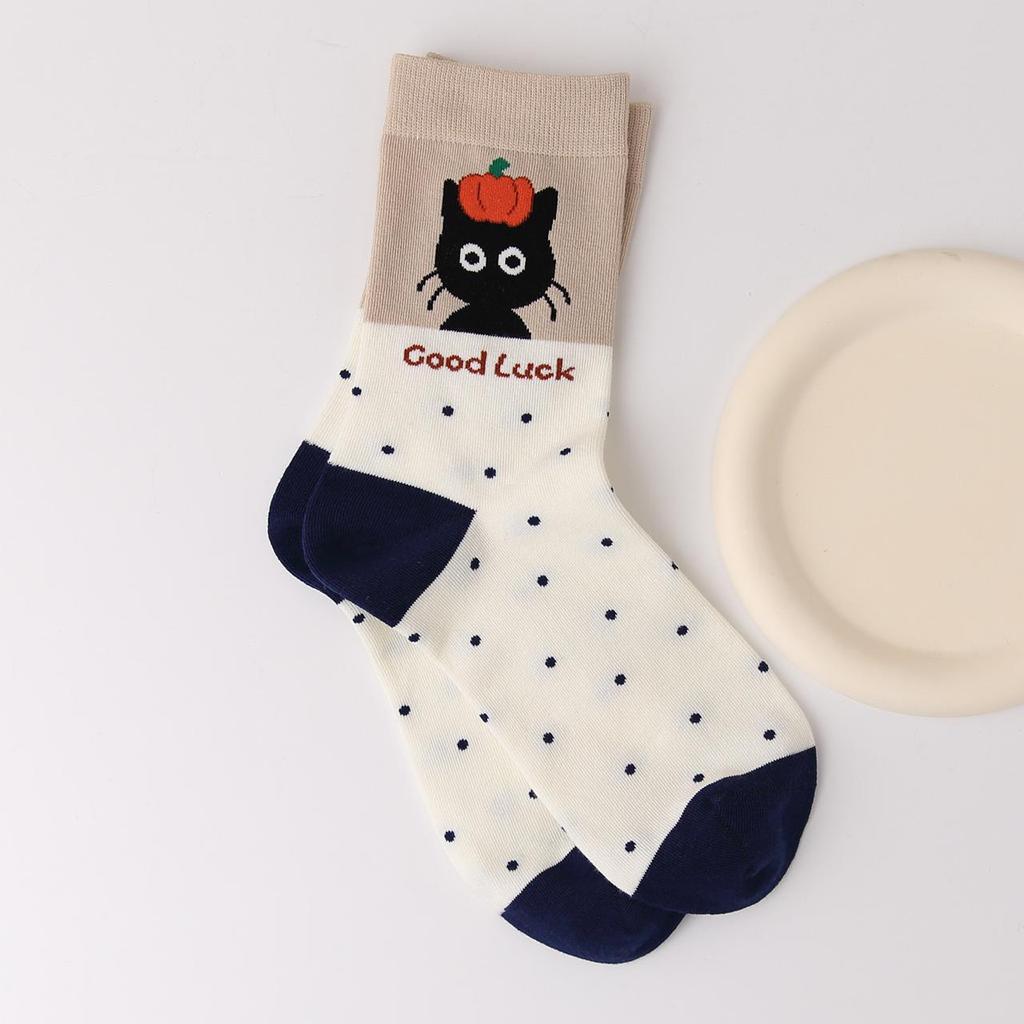 Cute Cartoon Cat Print Mid-tube Socks For Women Spring Autumn Knitted Sweat Absorb Sock Female Ins Korean Harajuku Long Socks