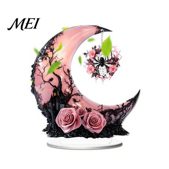 Dark Aesthetic Room Decor Halloween Style Table Decorations, Acrylic Pink And Black Gothic Centerpiece, Tiered Tray Seasonal Displays Crescent