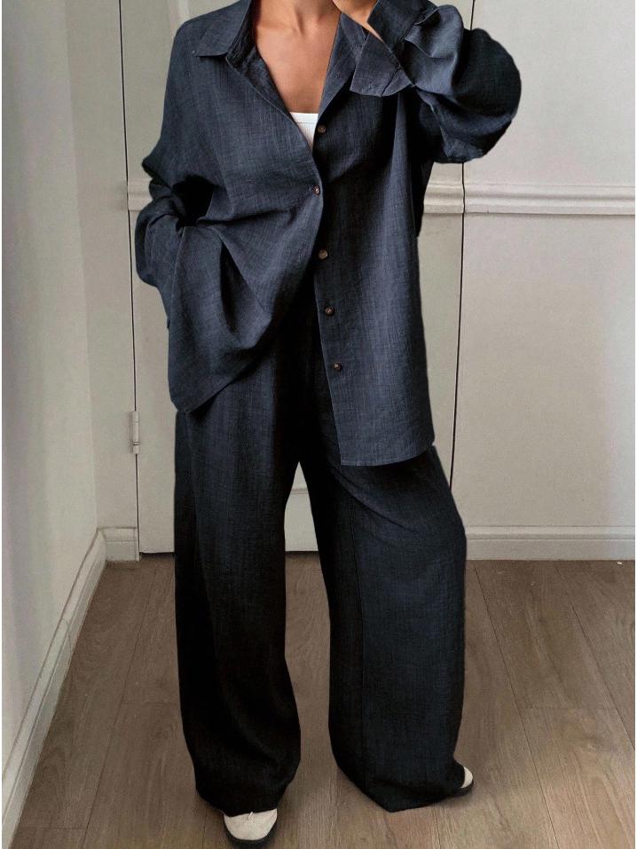 "2026 European & American Casual Cotton-Linen Two-Piece Set: Loose Long-Sleeved Shirt & Pants”