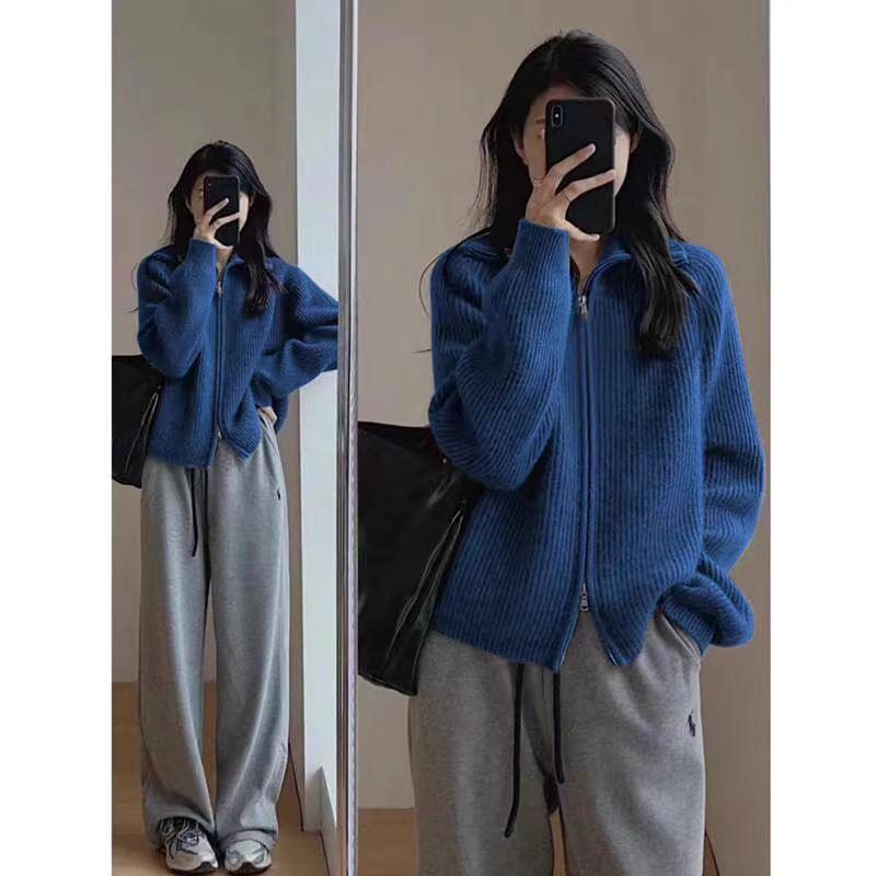 Women's Pure Wool Knit Cardigan: Autumn/Winter 2025, Thickened Lapel, Zipper, Lazy Style Sweater.