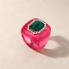 See-Through Resin Fashion Ring with Bold Square Profile, Raised Faceted Centerpiece and Accent Border for Outfit Styling