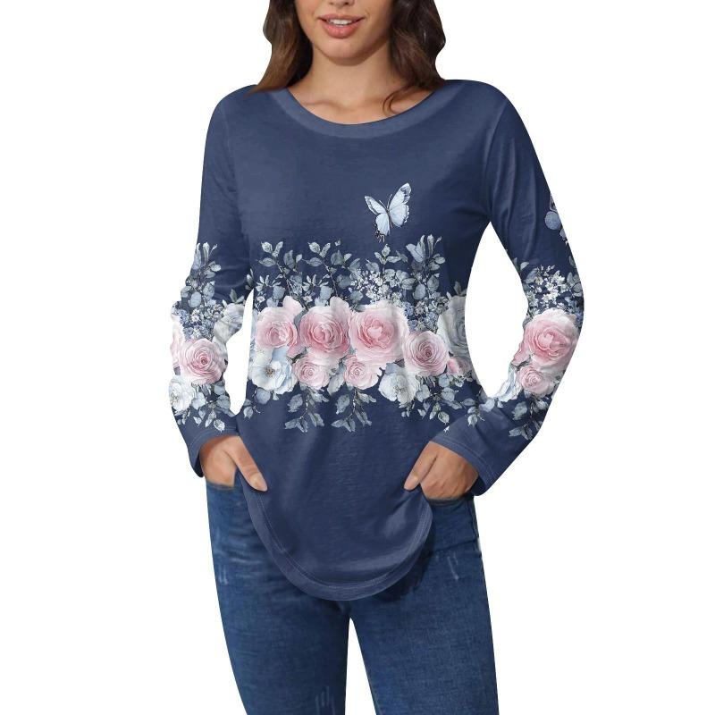 Shirts for Women Cute Vintage Pattern Print T-Shirt Long Sleeve Tunic Tops Cotton Pullovers T-Shirts Women’s