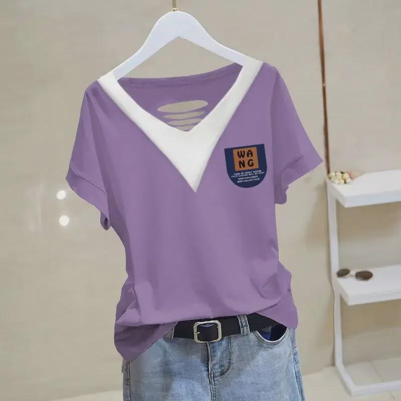 Women's 2024 Summer Cotton V-neck Short-Sleeve Top - Versatile, Loose, Slimming, Plus Size, Chic Korean Style T-shirt