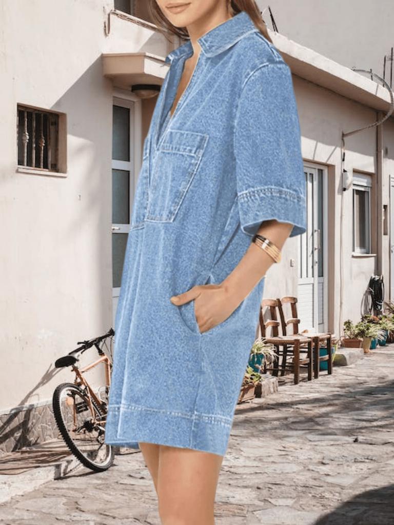 Vestito Chemise Mini in Denim Estivo da Donna con Colletto Scollo a V Vestito Jeans con Tasche