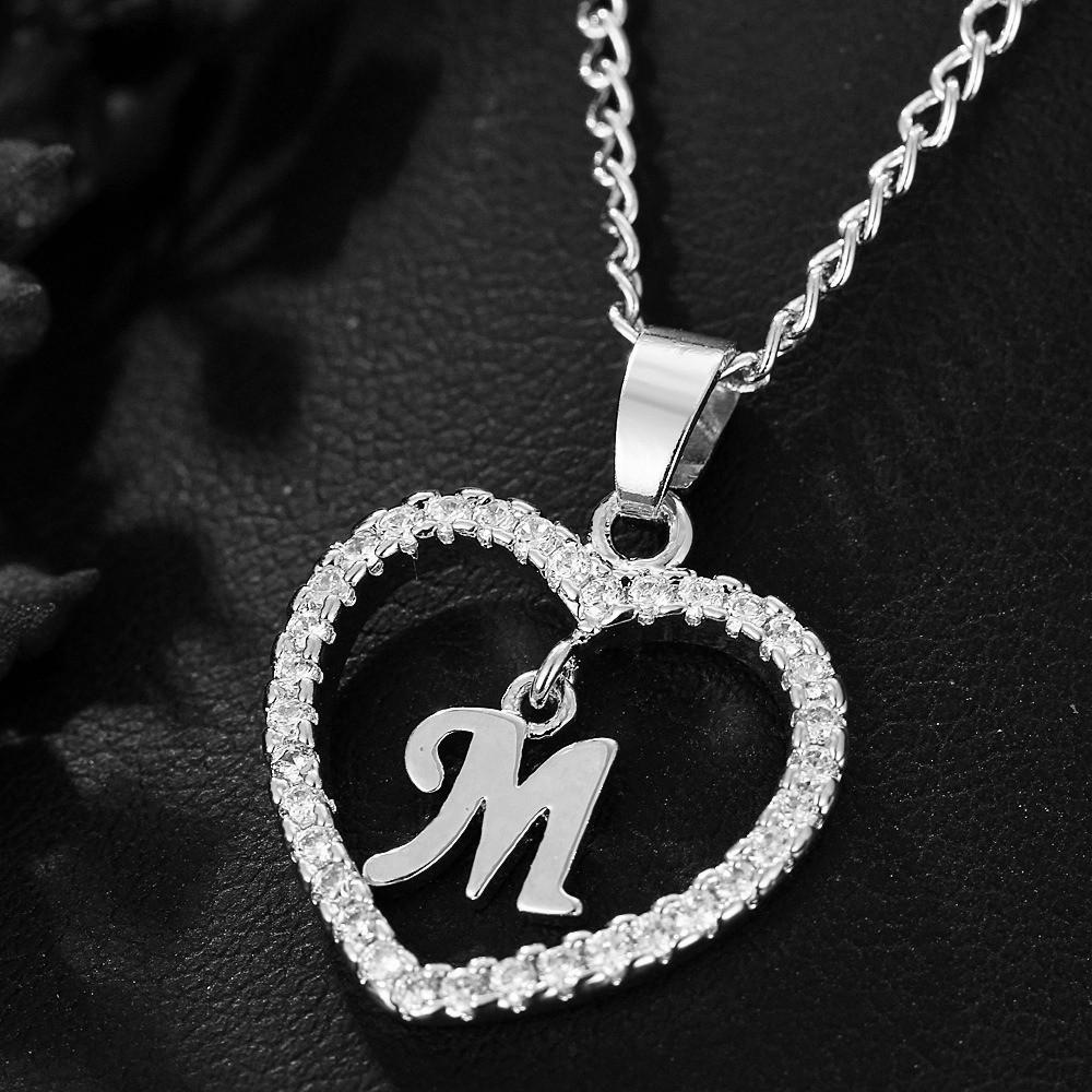 Heart Pendant Zircon Letter Necklace - 26 Letters Available