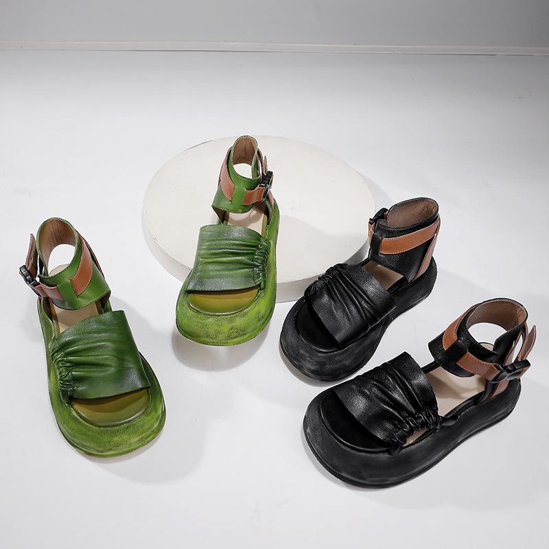 GKTINOO  6.5cm Cow Genuine Leather Summer Ankle Booties Round Summer Sandals Mary Jane Platform Wedge Buckle Women Shoes