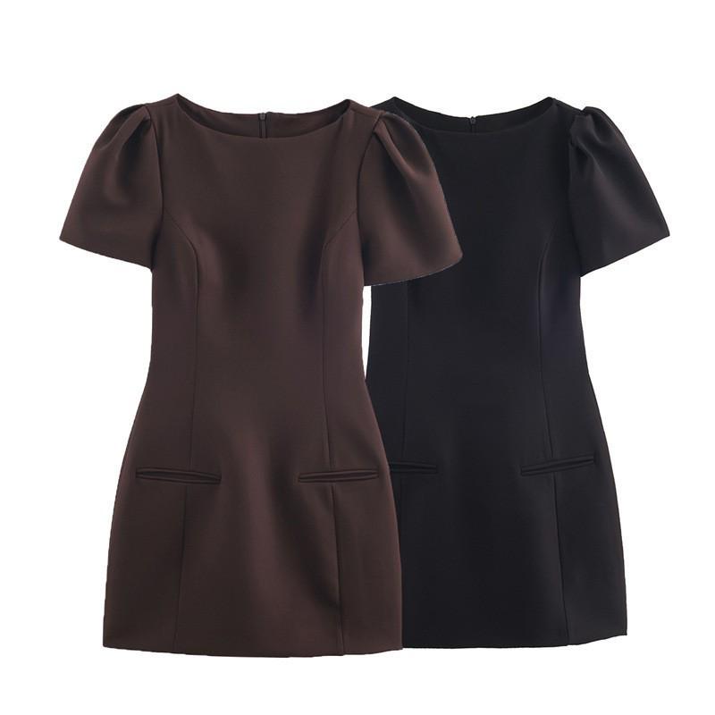 European American Style Women's Fashion Pleated Pocket Short Dress