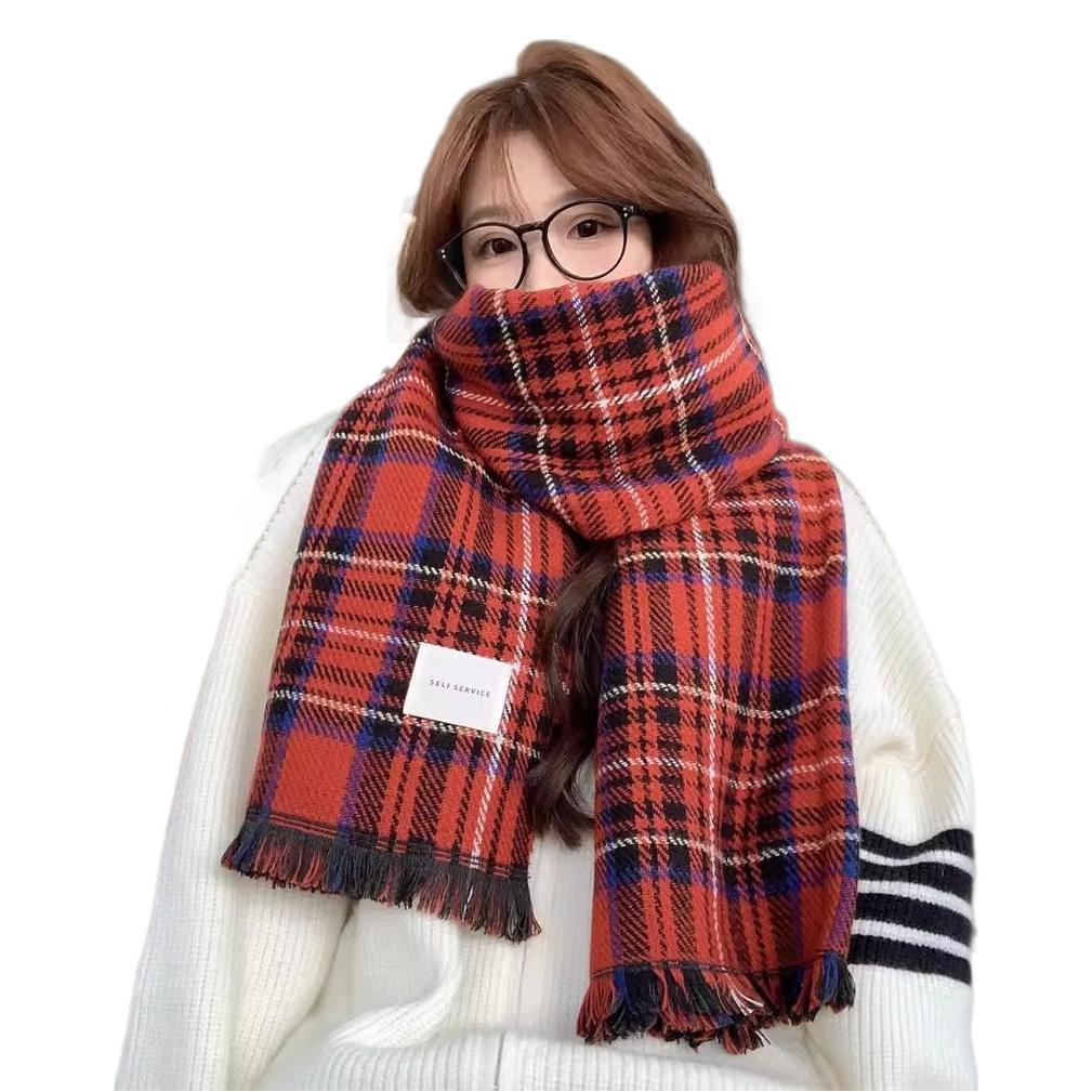 Festive atmosphere red plaid retro scarf women's winter Korean version versatile scarf to keep warm student couple shawl tide
