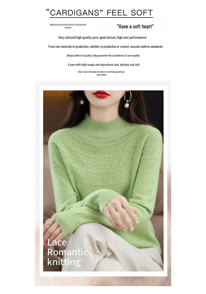 Seamless Pure Wool Women's Half-High Neck Hollow Pullover Sweater - Warm, Slim-Fitting Base Layer Knitwear