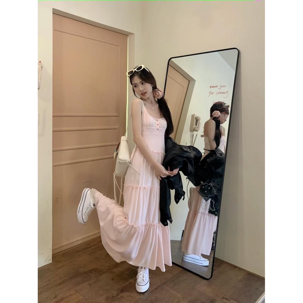 2026 Summer Pink Suspender Skirt Women's Spring Summer Seaside White Dress Sweet Cake Long Dress Waist Skirt