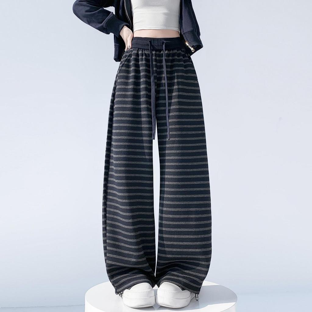 Women’s Spring Striped High-Waisted Wide-Leg Drawstring Pants - Casual Color Block, Loose, Slimming, Two-Wear Style.